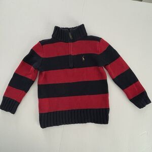 Polo Ralph Lauren Boys Rugby Sweater 2T Stripe Knit Quarter Zip Red Navy